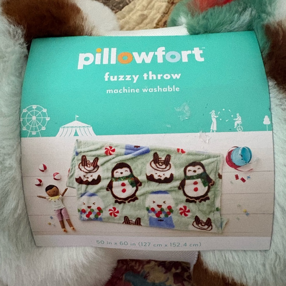 Pillowfort Fuzzy Throw with Penguin and Candy Design